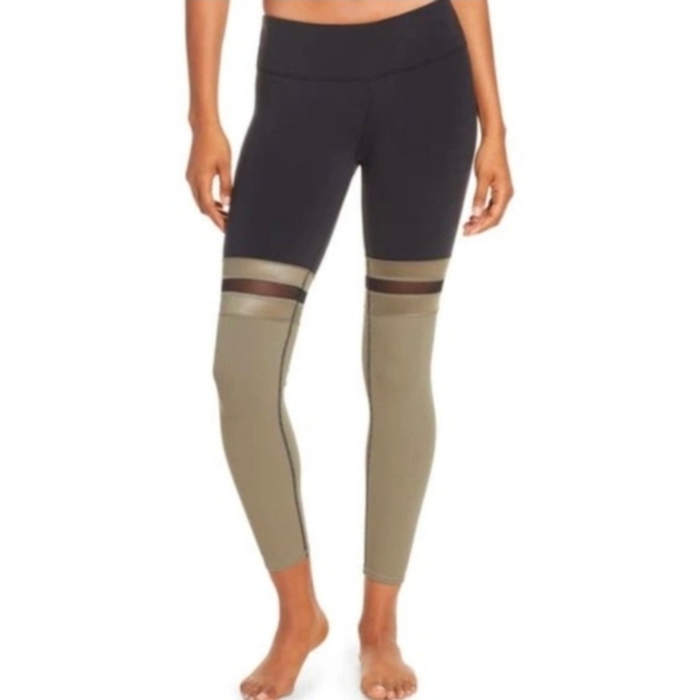 Alo Yoga Leggings Black Olive Green Mesh Stripe Athleisure‎ Workout Women XS